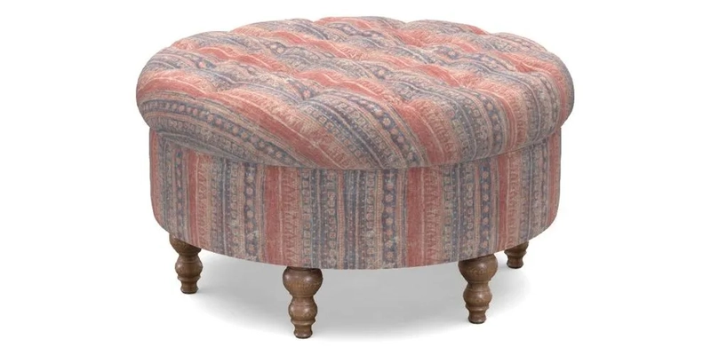 Burford Footstool in V&A Threads of India Opulent Velvets Lahore Dynasty Flame with fringe in Sophie Bullion Fringe Currant