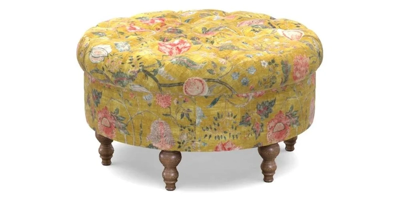 Burford Footstool in V&A Threads of India Opulent Velvets Lahore Dynasty Flame with fringe in Sophie Bullion Fringe Currant