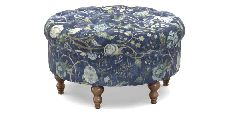 Burford Footstool in V&A Threads of India Opulent Velvets Lahore Dynasty Flame with fringe in Sophie Bullion Fringe Currant