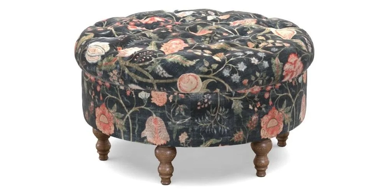 Burford Footstool in V&A Threads of India Opulent Velvets Lahore Dynasty Flame with fringe in Sophie Bullion Fringe Currant