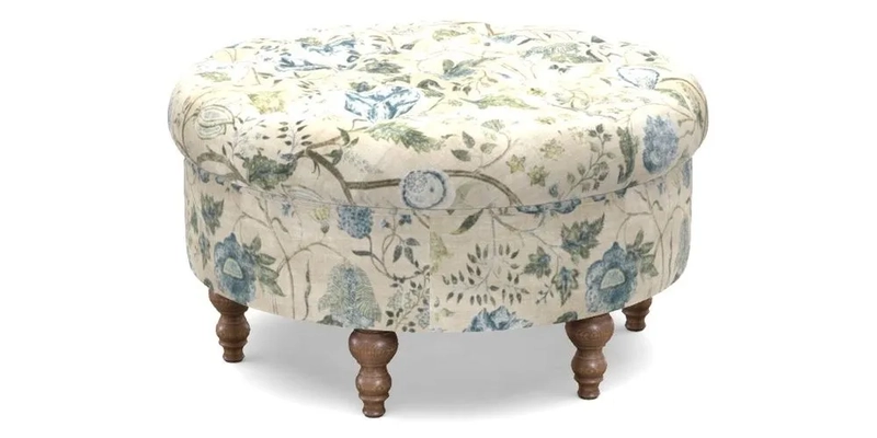 Burford Footstool in V&A Threads of India Opulent Velvets Lahore Dynasty Flame with fringe in Sophie Bullion Fringe Currant