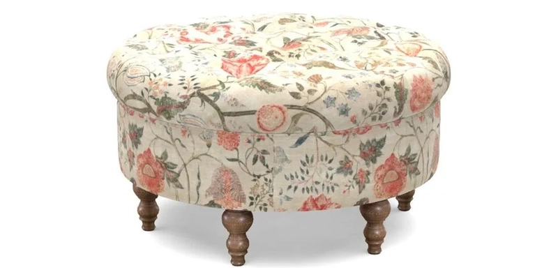 Burford Footstool in V&A Threads of India Opulent Velvets Lahore Dynasty Flame with fringe in Sophie Bullion Fringe Currant