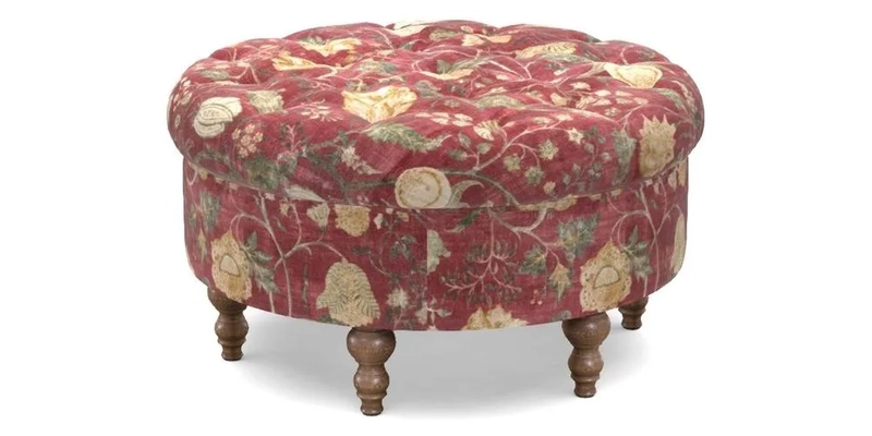 Burford Footstool in V&A Threads of India Opulent Velvets Lahore Dynasty Flame with fringe in Sophie Bullion Fringe Currant
