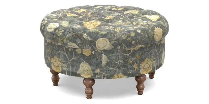 Burford Footstool in V&A Threads of India Opulent Velvets Lahore Dynasty Flame with fringe in Sophie Bullion Fringe Currant