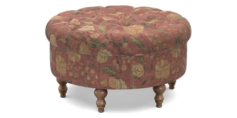 Burford Footstool in V&A Threads of India Opulent Velvets Lahore Dynasty Flame with fringe in Sophie Bullion Fringe Currant
