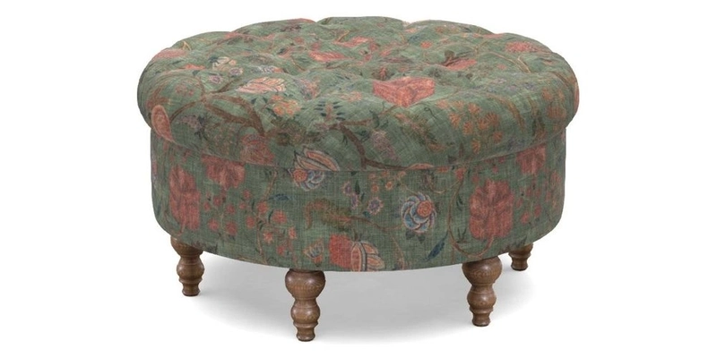 Burford Footstool in V&A Threads of India Opulent Velvets Lahore Dynasty Flame with fringe in Sophie Bullion Fringe Currant