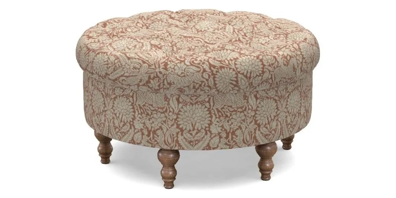 Burford Footstool in V&A Threads of India Opulent Velvets Lahore Dynasty Flame with fringe in Sophie Bullion Fringe Currant