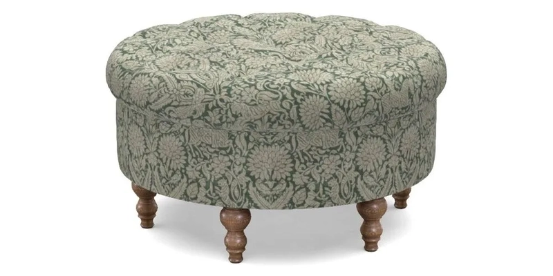 Burford Footstool in V&A Threads of India Opulent Velvets Lahore Dynasty Flame with fringe in Sophie Bullion Fringe Currant