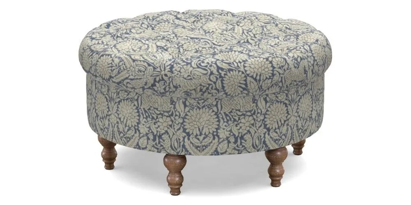 Burford Footstool in V&A Threads of India Opulent Velvets Lahore Dynasty Flame with fringe in Sophie Bullion Fringe Currant