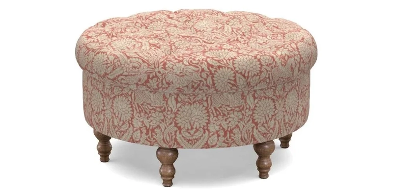 Burford Footstool in V&A Threads of India Opulent Velvets Lahore Dynasty Flame with fringe in Sophie Bullion Fringe Currant