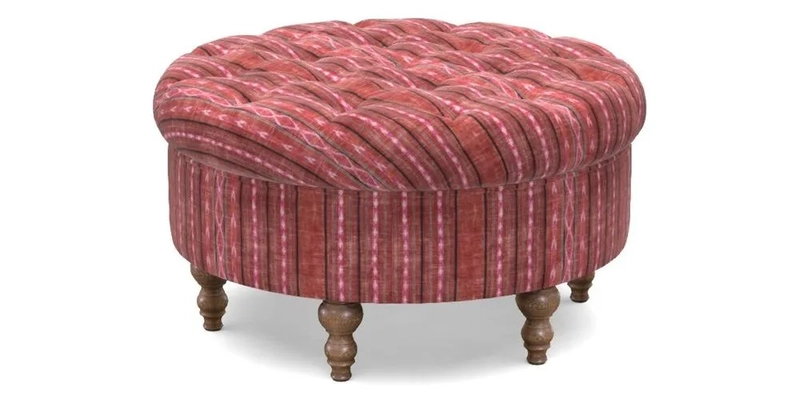 Burford Footstool in V&A Threads of India Opulent Velvets Lahore Dynasty Flame with fringe in Sophie Bullion Fringe Currant