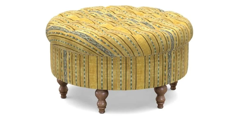Burford Footstool in V&A Threads of India Opulent Velvets Lahore Dynasty Flame with fringe in Sophie Bullion Fringe Currant