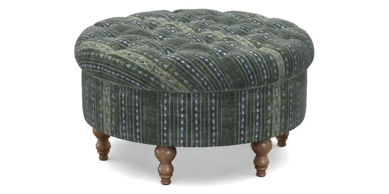 Burford Footstool in V&A Threads of India Opulent Velvets Lahore Dynasty Flame with fringe in Sophie Bullion Fringe Currant