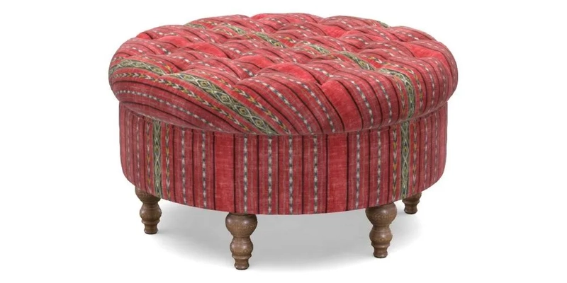Burford Footstool in V&A Threads of India Opulent Velvets Lahore Dynasty Flame with fringe in Sophie Bullion Fringe Currant