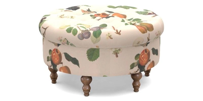 Burford Footstool in V&A Threads of India Opulent Velvets Lahore Dynasty Flame with fringe in Sophie Bullion Fringe Currant