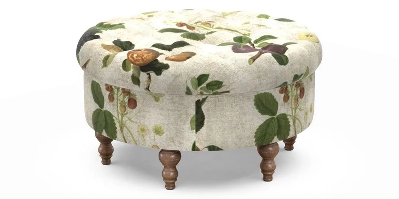 Burford Footstool in V&A Threads of India Opulent Velvets Lahore Dynasty Flame with fringe in Sophie Bullion Fringe Currant