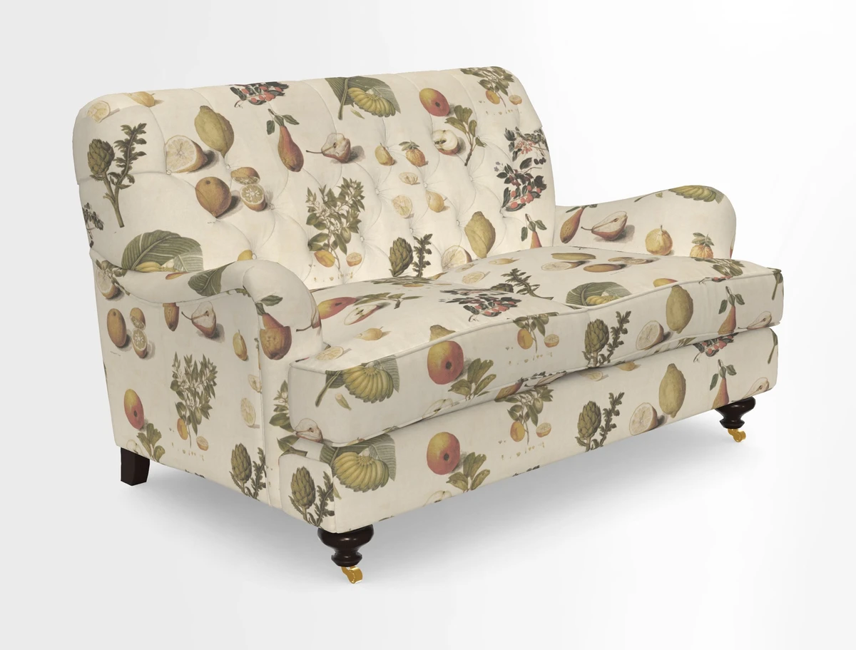 Chiddingfold 3 Seater Sofa in Omega Velvet Tawny Velvet and V&A Threads of India Regal Arabesque Flame with scatters in Sulawesi Splendour Jasper