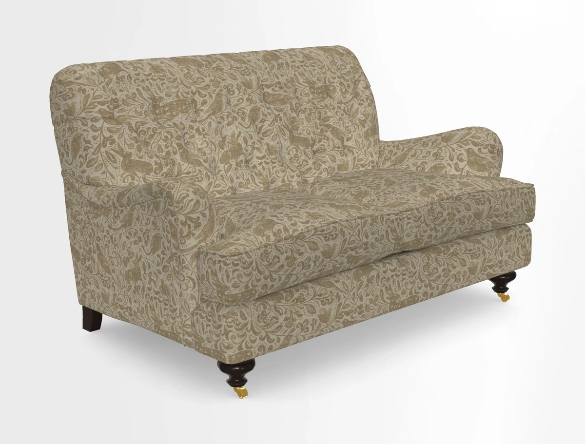 Chiddingfold 3 Seater Sofa in Omega Velvet Tawny Velvet and V&A Threads of India Regal Arabesque Flame with scatters in Sulawesi Splendour Jasper