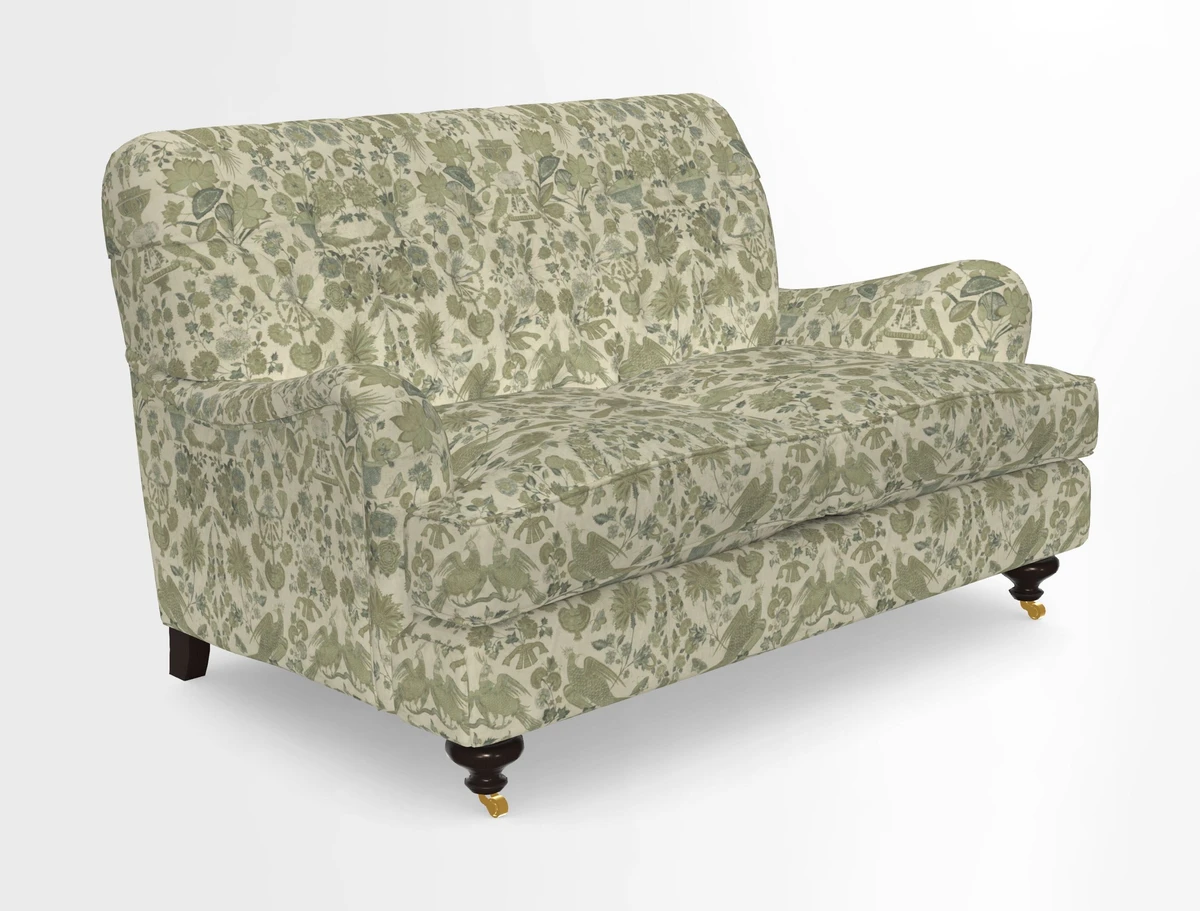 Chiddingfold 3 Seater Sofa in Omega Velvet Tawny Velvet and V&A Threads of India Regal Arabesque Flame with scatters in Sulawesi Splendour Jasper