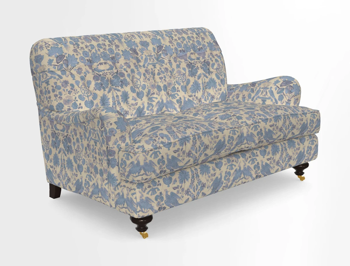 Chiddingfold 3 Seater Sofa in Omega Velvet Tawny Velvet and V&A Threads of India Regal Arabesque Flame with scatters in Sulawesi Splendour Jasper