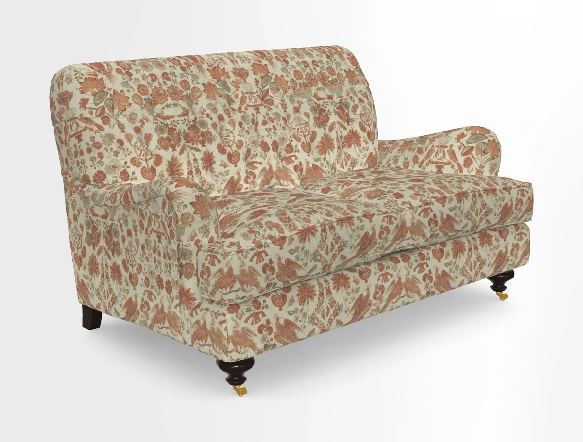 Chiddingfold 3 Seater Sofa in Omega Velvet Tawny Velvet and V&A Threads of India Regal Arabesque Flame with scatters in Sulawesi Splendour Jasper