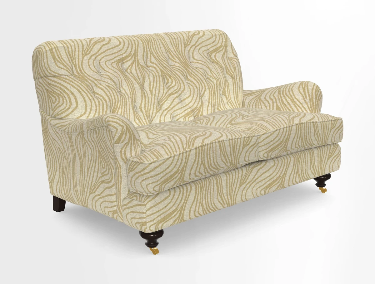 Chiddingfold 3 Seater Sofa in Omega Velvet Tawny Velvet and V&A Threads of India Regal Arabesque Flame with scatters in Sulawesi Splendour Jasper