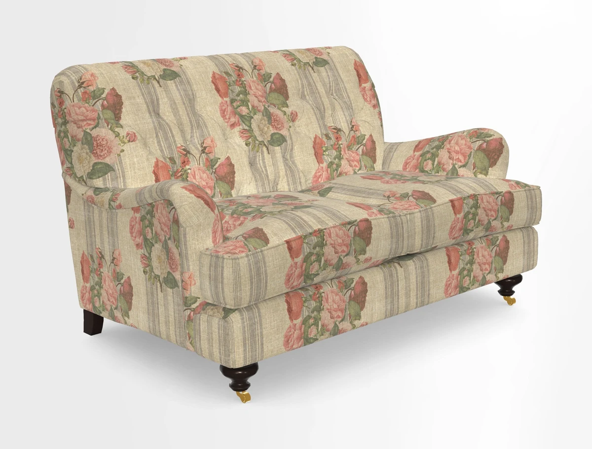 Chiddingfold 3 Seater Sofa in Omega Velvet Tawny Velvet and V&A Threads of India Regal Arabesque Flame with scatters in Sulawesi Splendour Jasper