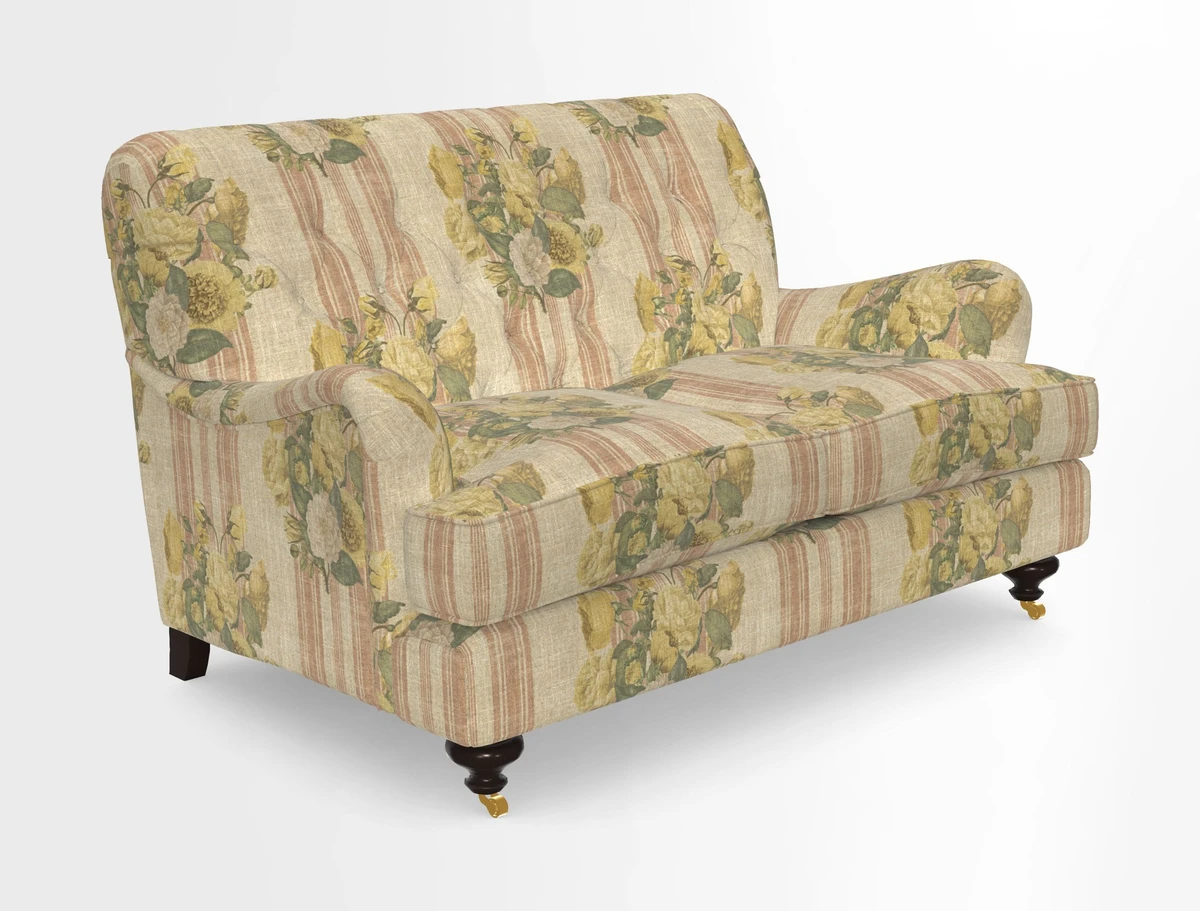Chiddingfold 3 Seater Sofa in Omega Velvet Tawny Velvet and V&A Threads of India Regal Arabesque Flame with scatters in Sulawesi Splendour Jasper