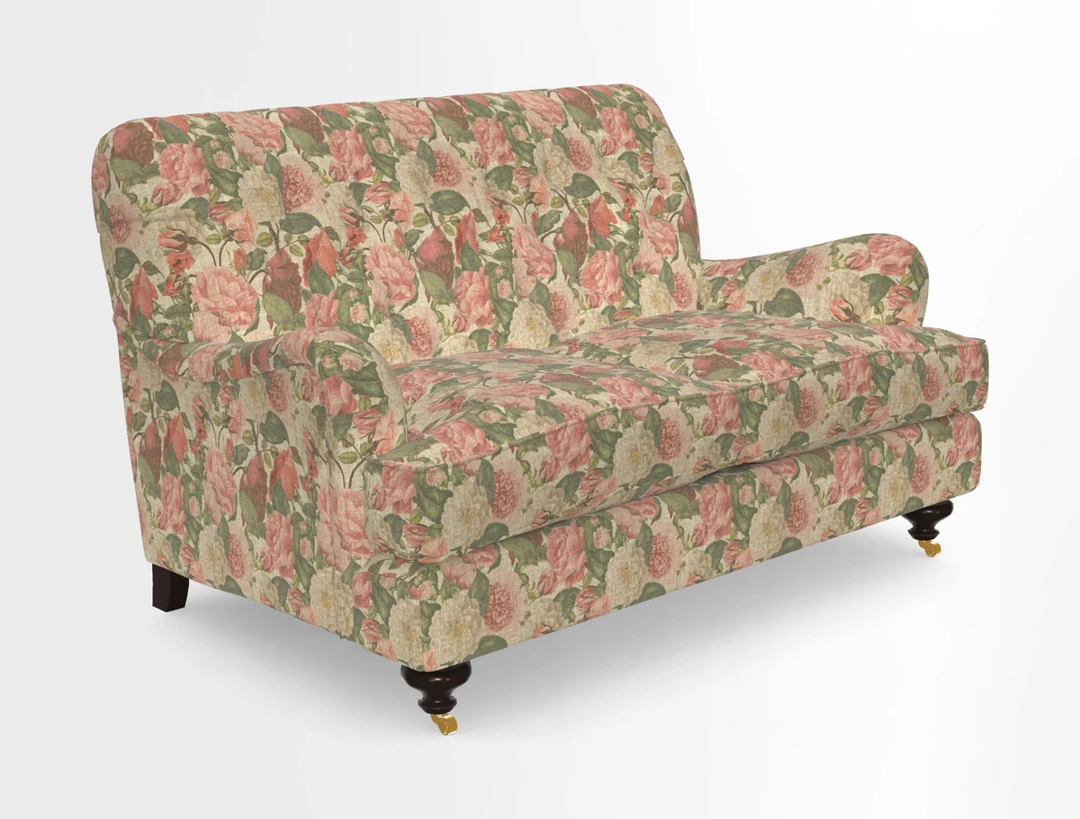 Chiddingfold 3 Seater Sofa in Omega Velvet Tawny Velvet and V&A Threads of India Regal Arabesque Flame with scatters in Sulawesi Splendour Jasper