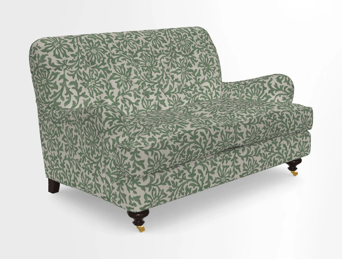 Chiddingfold 3 Seater Sofa in Omega Velvet Tawny Velvet and V&A Threads of India Regal Arabesque Flame with scatters in Sulawesi Splendour Jasper