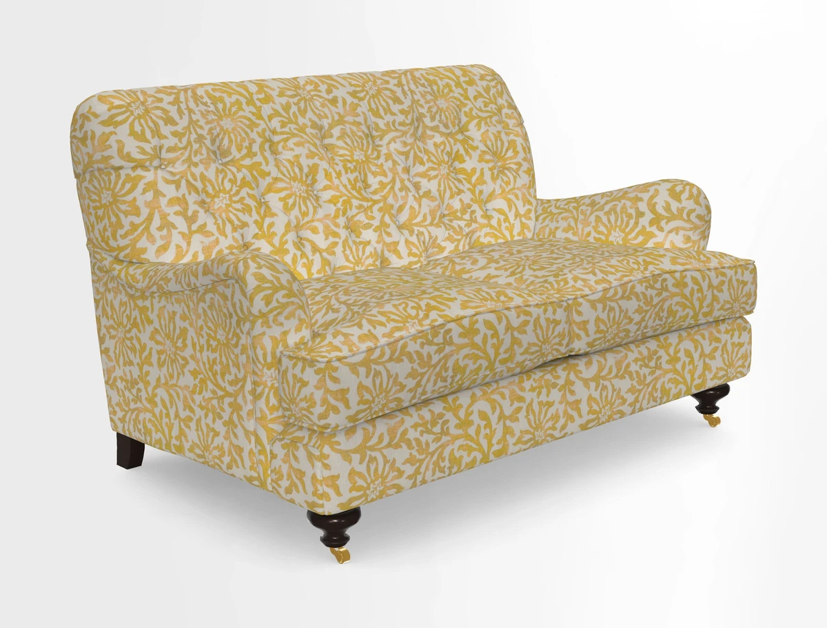 Chiddingfold 3 Seater Sofa in Omega Velvet Tawny Velvet and V&A Threads of India Regal Arabesque Flame with scatters in Sulawesi Splendour Jasper