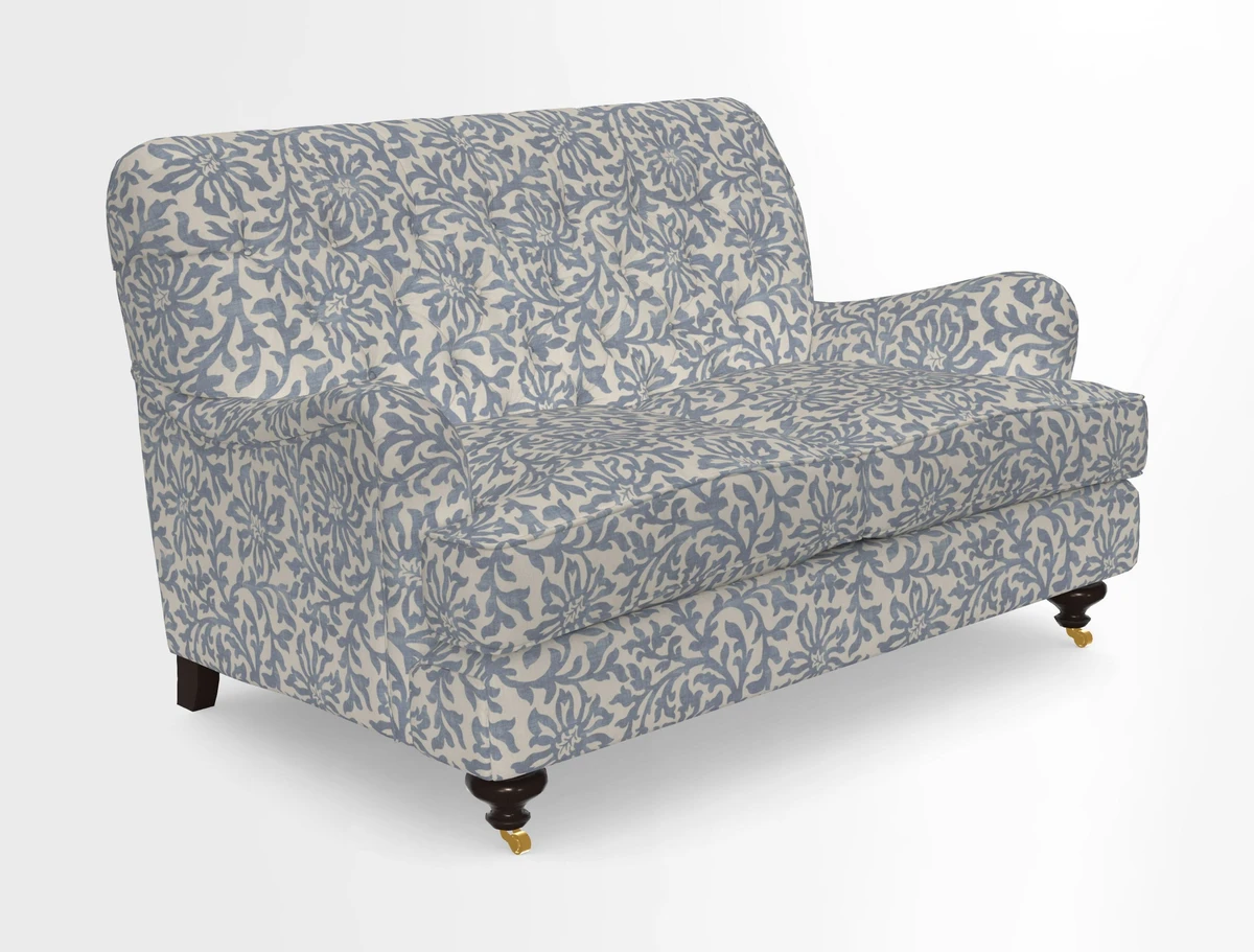 Chiddingfold 3 Seater Sofa in Omega Velvet Tawny Velvet and V&A Threads of India Regal Arabesque Flame with scatters in Sulawesi Splendour Jasper