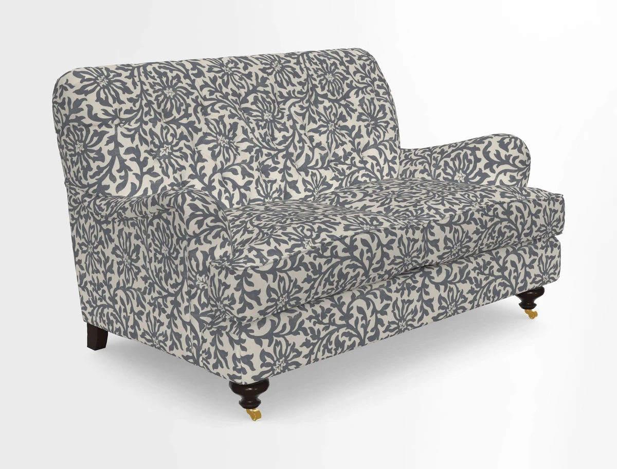 Chiddingfold 3 Seater Sofa in Omega Velvet Tawny Velvet and V&A Threads of India Regal Arabesque Flame with scatters in Sulawesi Splendour Jasper