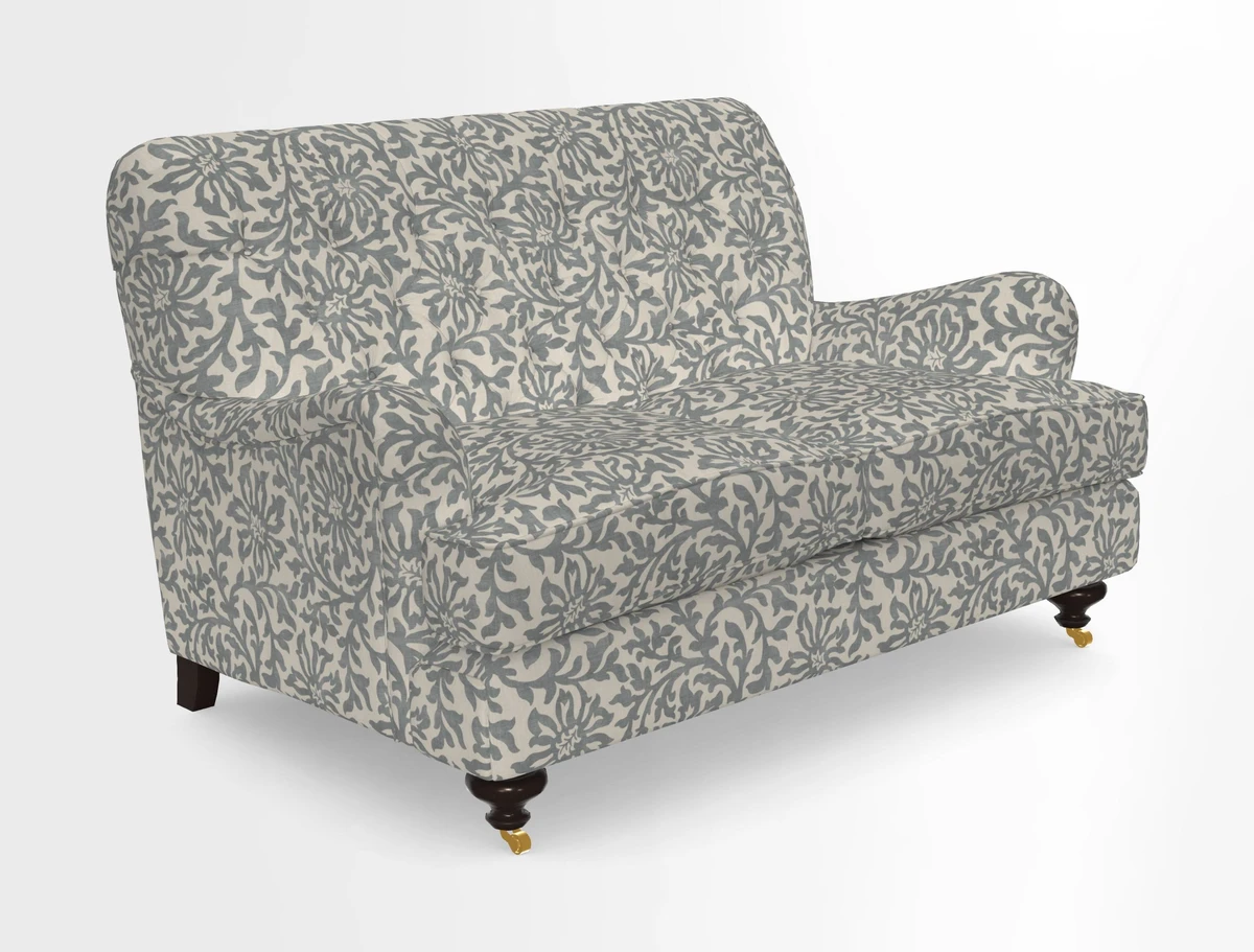Chiddingfold 3 Seater Sofa in Omega Velvet Tawny Velvet and V&A Threads of India Regal Arabesque Flame with scatters in Sulawesi Splendour Jasper