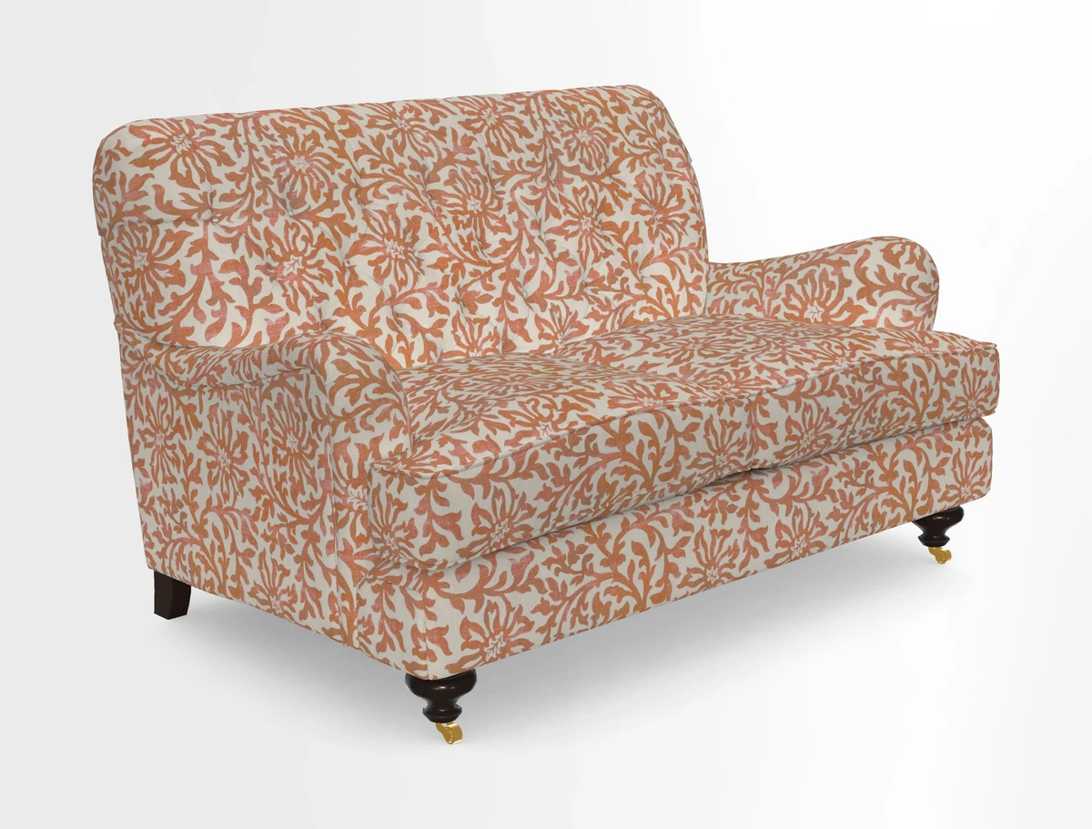 Chiddingfold 3 Seater Sofa in Omega Velvet Tawny Velvet and V&A Threads of India Regal Arabesque Flame with scatters in Sulawesi Splendour Jasper