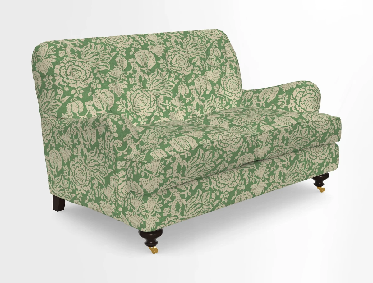 Chiddingfold 3 Seater Sofa in Omega Velvet Tawny Velvet and V&A Threads of India Regal Arabesque Flame with scatters in Sulawesi Splendour Jasper