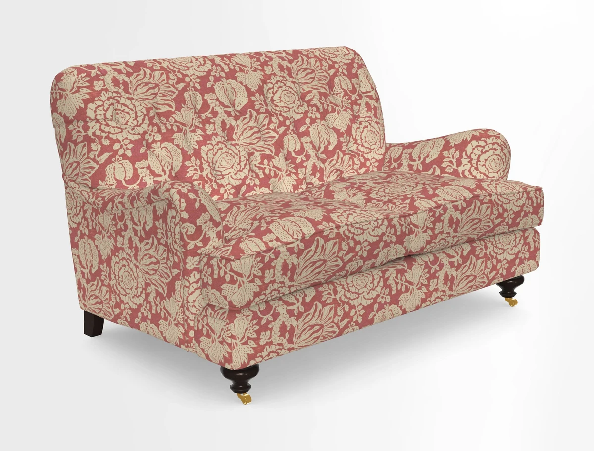 Chiddingfold 3 Seater Sofa in Omega Velvet Tawny Velvet and V&A Threads of India Regal Arabesque Flame with scatters in Sulawesi Splendour Jasper