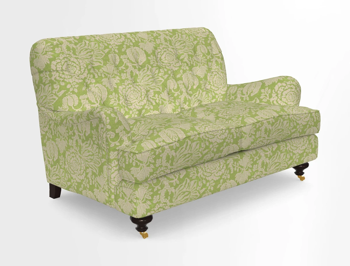 Chiddingfold 3 Seater Sofa in Omega Velvet Tawny Velvet and V&A Threads of India Regal Arabesque Flame with scatters in Sulawesi Splendour Jasper