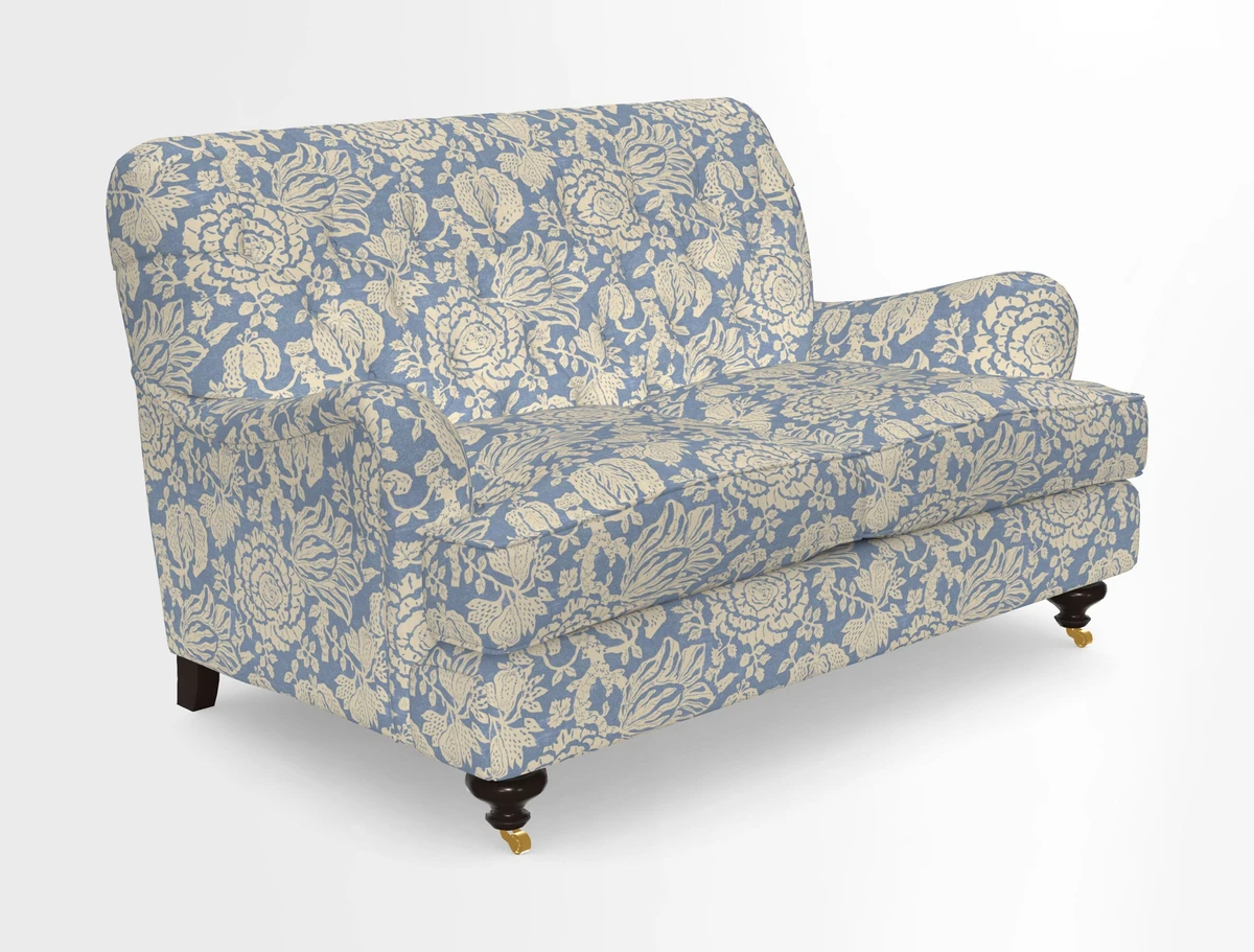 Chiddingfold 3 Seater Sofa in Omega Velvet Tawny Velvet and V&A Threads of India Regal Arabesque Flame with scatters in Sulawesi Splendour Jasper