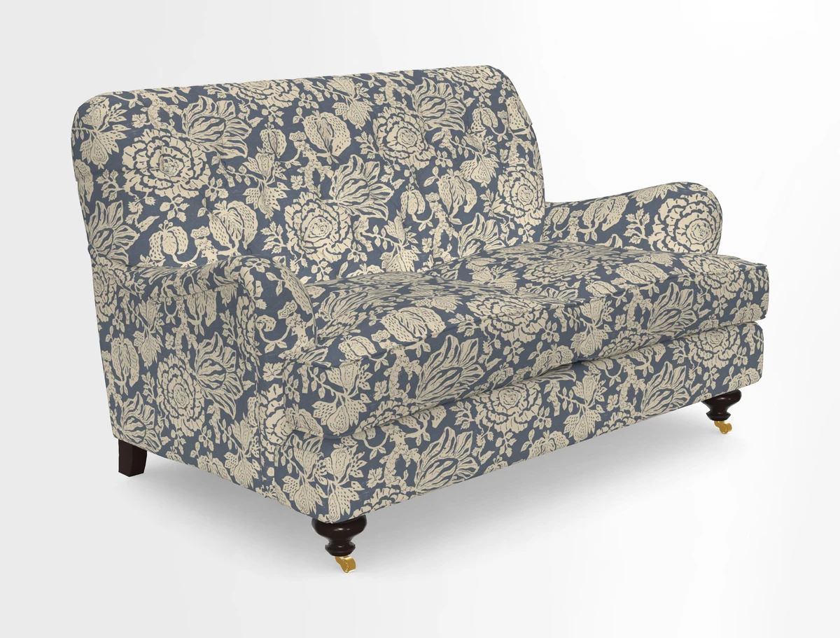 Chiddingfold 3 Seater Sofa in Omega Velvet Tawny Velvet and V&A Threads of India Regal Arabesque Flame with scatters in Sulawesi Splendour Jasper