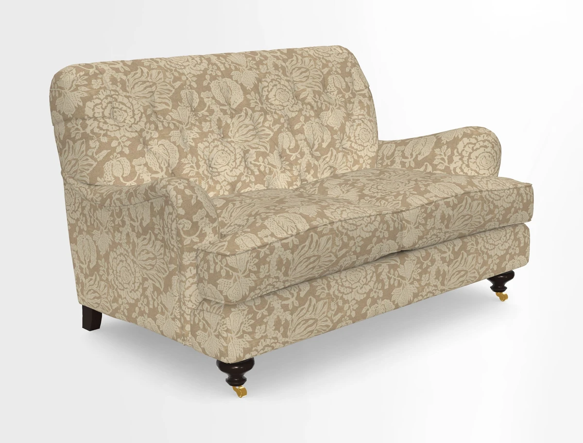 Chiddingfold 3 Seater Sofa in Omega Velvet Tawny Velvet and V&A Threads of India Regal Arabesque Flame with scatters in Sulawesi Splendour Jasper