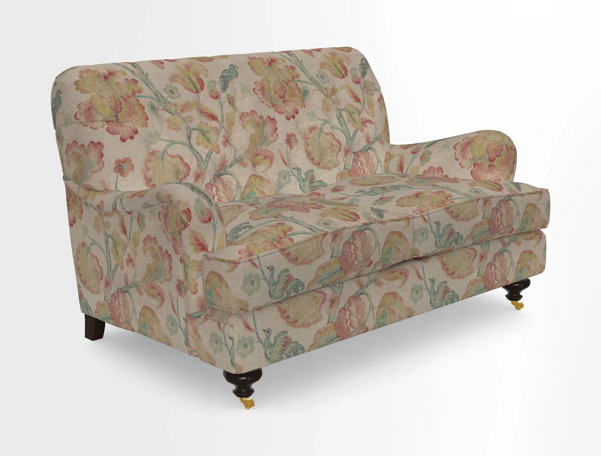 Chiddingfold 3 Seater Sofa in Omega Velvet Tawny Velvet and V&A Threads of India Regal Arabesque Flame with scatters in Sulawesi Splendour Jasper