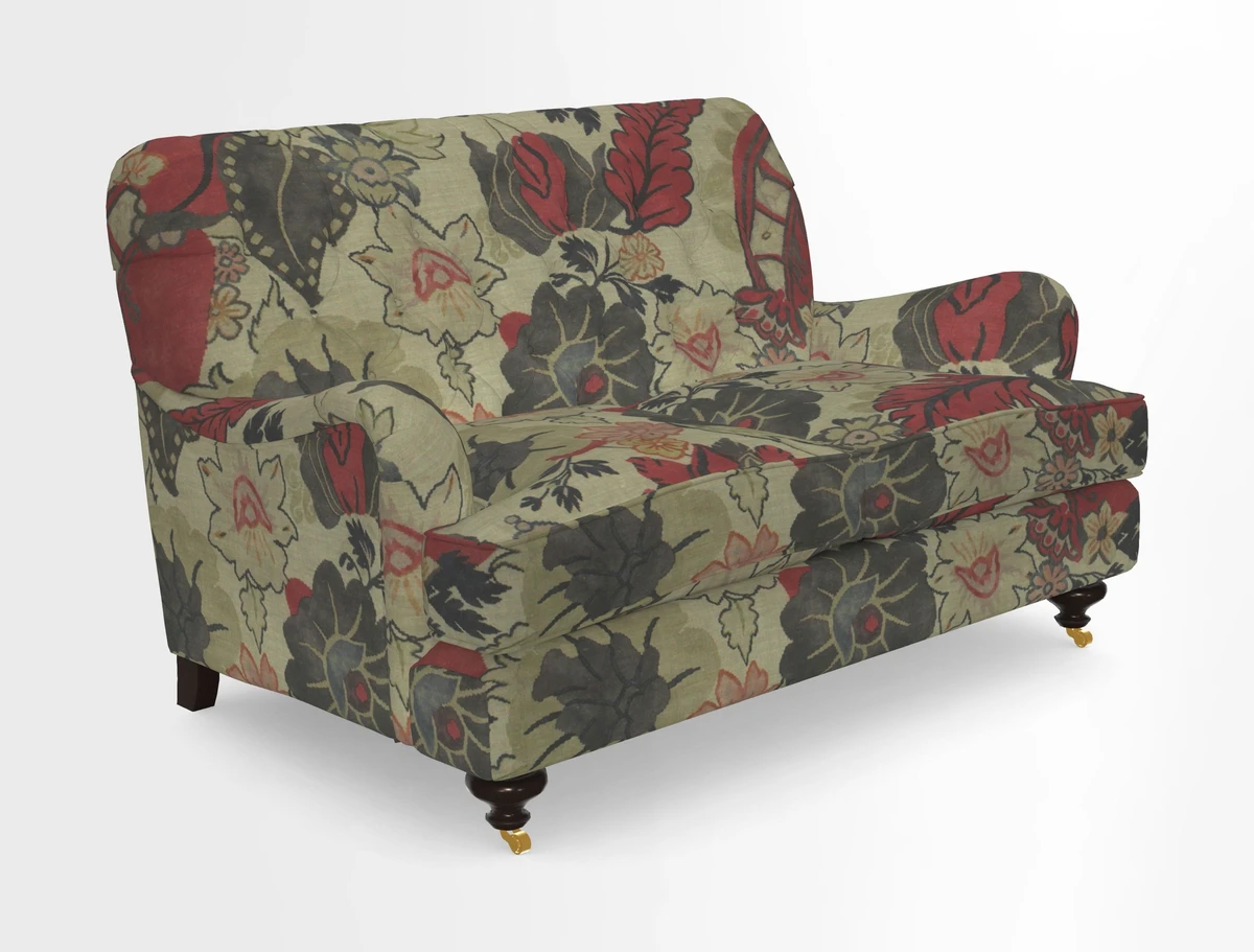 Chiddingfold 3 Seater Sofa in Omega Velvet Tawny Velvet and V&A Threads of India Regal Arabesque Flame with scatters in Sulawesi Splendour Jasper