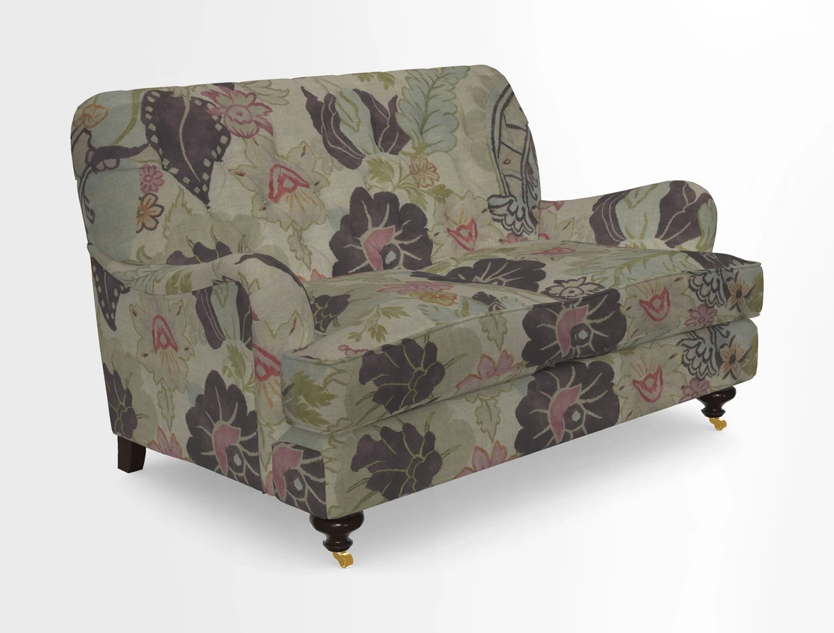 Chiddingfold 3 Seater Sofa in Omega Velvet Tawny Velvet and V&A Threads of India Regal Arabesque Flame with scatters in Sulawesi Splendour Jasper