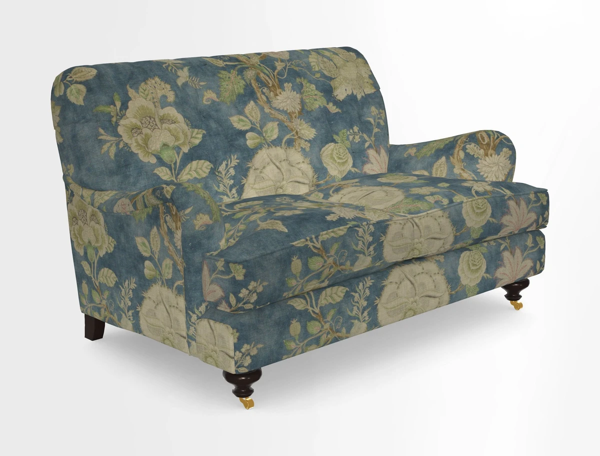 Chiddingfold 3 Seater Sofa in Omega Velvet Tawny Velvet and V&A Threads of India Regal Arabesque Flame with scatters in Sulawesi Splendour Jasper