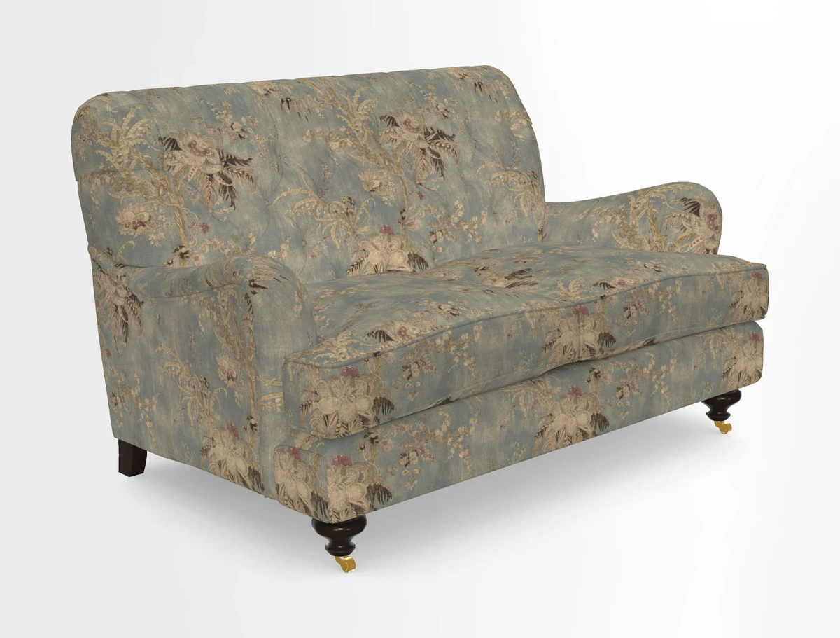 Chiddingfold 3 Seater Sofa in Omega Velvet Tawny Velvet and V&A Threads of India Regal Arabesque Flame with scatters in Sulawesi Splendour Jasper
