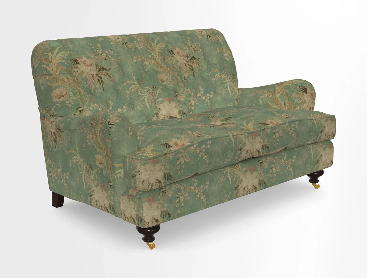 Chiddingfold 3 Seater Sofa in Omega Velvet Tawny Velvet and V&A Threads of India Regal Arabesque Flame with scatters in Sulawesi Splendour Jasper