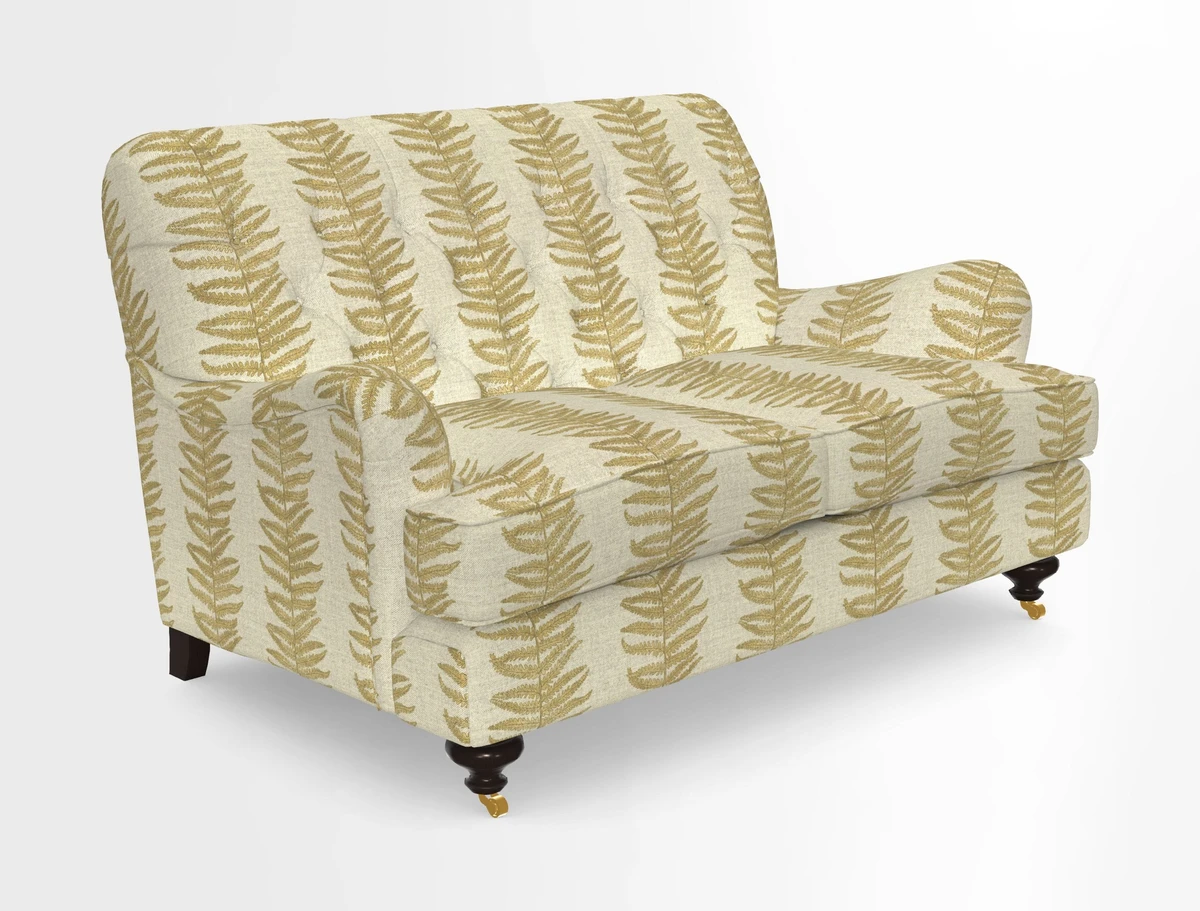 Chiddingfold 3 Seater Sofa in Omega Velvet Tawny Velvet and V&A Threads of India Regal Arabesque Flame with scatters in Sulawesi Splendour Jasper