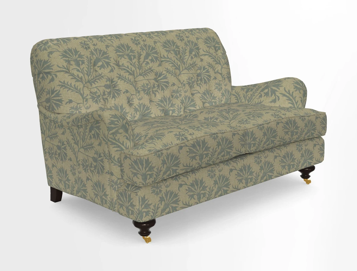 Chiddingfold 3 Seater Sofa in Omega Velvet Tawny Velvet and V&A Threads of India Regal Arabesque Flame with scatters in Sulawesi Splendour Jasper