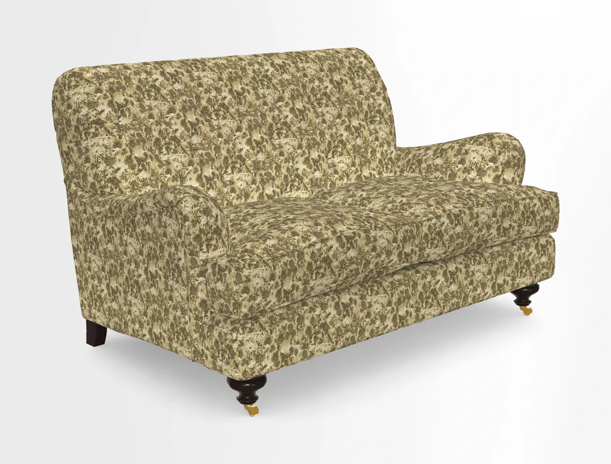 Chiddingfold 3 Seater Sofa in Omega Velvet Tawny Velvet and V&A Threads of India Regal Arabesque Flame with scatters in Sulawesi Splendour Jasper